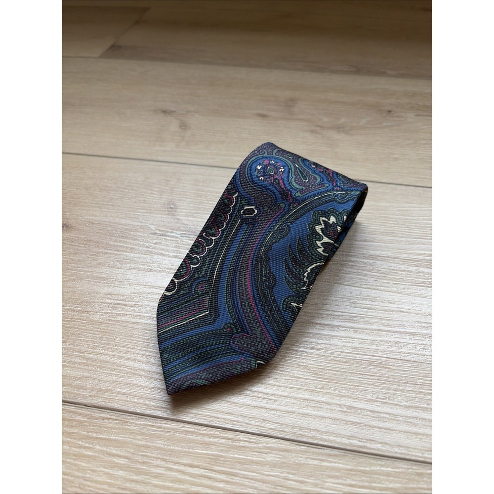 Vintage Polo Ralph Lauren Green/Blue Geometric Print 100% Silk Neck Tie Handmade